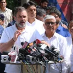 Rahul Gandhi, Kumari Selja, Bhupinder Singh Hooda and Deepender Hooda outside the house of IG Y Puran Kumar in Chandigarh on Tuesday.