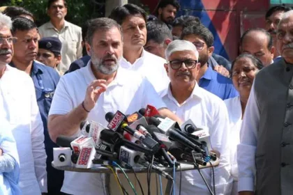 Rahul Gandhi, Kumari Selja, Bhupinder Singh Hooda and Deepender Hooda outside the house of IG Y Puran Kumar in Chandigarh on Tuesday.