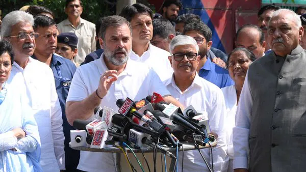 Rahul Gandhi, Kumari Selja, Bhupinder Singh Hooda and Deepender Hooda outside the house of IG Y Puran Kumar in Chandigarh on Tuesday.