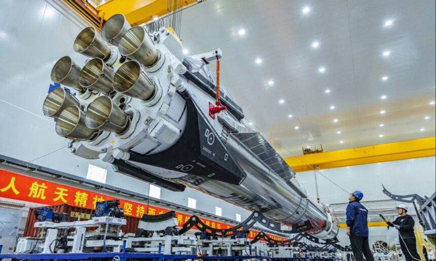 China’s Zhuque-3 reusable rocket undergoing pre-launch tests at LandSpace facility ahead of its maiden flight.