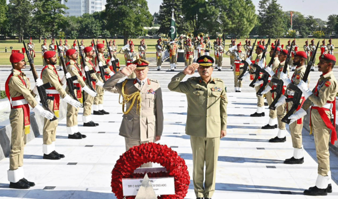 Pakistan Army Chief Field Marshal Asim Munir (front-right) and UK Chief of the General Staff General Sir Charles Walker laying a wreath at Yadgar-e-Shuhada, GHQ Rawalpindi, November 6, 2025.