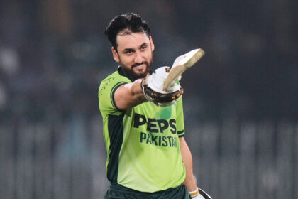 Pakistan’s Salman Ali Agha celebrates his century during the first ODI against Sri Lanka at Rawalpindi Cricket Stadium.