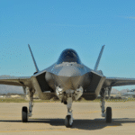 F-35 stealth fighter jet displayed at a U.S. Air Force base amid reports of Saudi Arabia’s potential purchase.