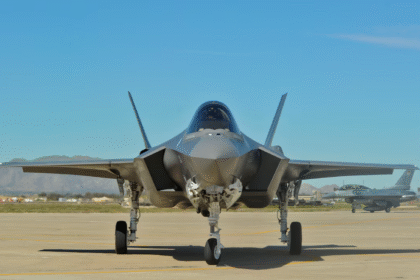 F-35 stealth fighter jet displayed at a U.S. Air Force base amid reports of Saudi Arabia’s potential purchase.