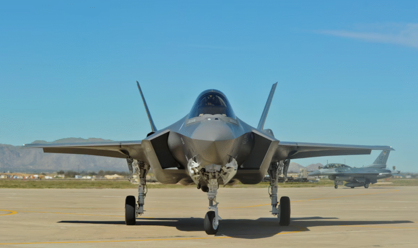 F-35 stealth fighter jet displayed at a U.S. Air Force base amid reports of Saudi Arabia’s potential purchase.