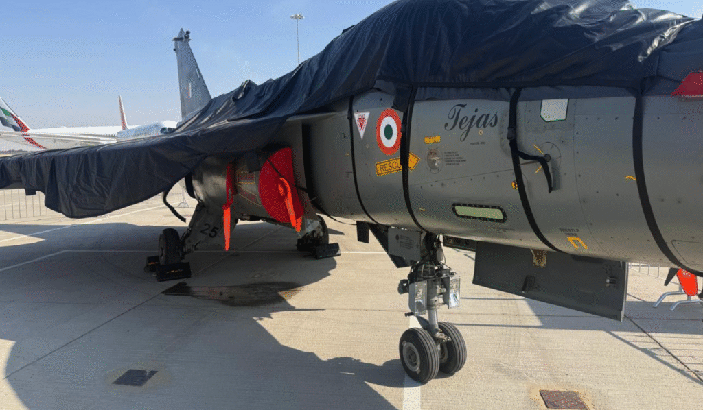 “Indian Tejas fighter jet on display with visible oil leak"