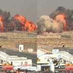 A HAL Tejas fighter jet moments before its crash during an aerobatic display at the Dubai Airshow 2025, with smoke visible as the aircraft loses stability.