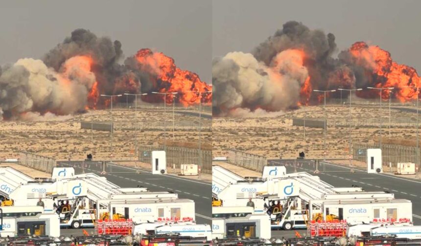 A HAL Tejas fighter jet moments before its crash during an aerobatic display at the Dubai Airshow 2025, with smoke visible as the aircraft loses stability.