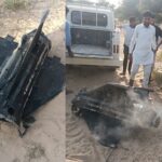 Scene from Rajasthan’s Jaisalmer showing Indian Air Force personnel inspecting debris after a misfired missile exploded near Bhadiariya village during a military exercise on November 9, 2025.