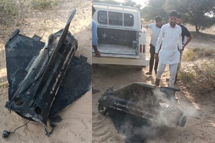 Scene from Rajasthan’s Jaisalmer showing Indian Air Force personnel inspecting debris after a misfired missile exploded near Bhadiariya village during a military exercise on November 9, 2025.