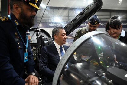 "JF-17 Thunder Block III multi-role fighter aircraft displayed at NASTP facility during Kyrgyz President's visit to Pakistan"