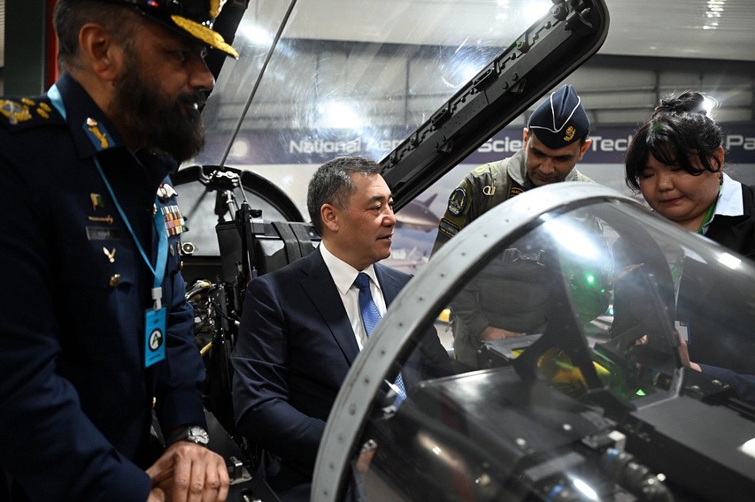 "JF-17 Thunder Block III multi-role fighter aircraft displayed at NASTP facility during Kyrgyz President's visit to Pakistan"