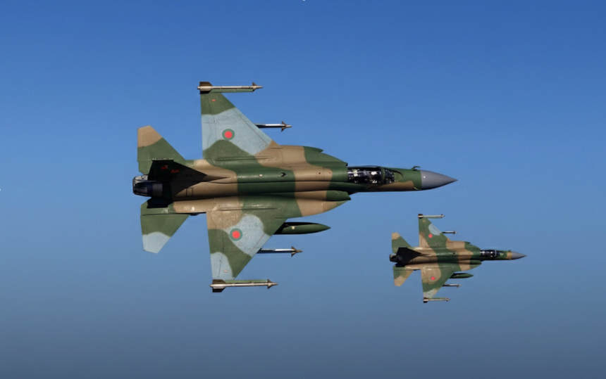 Pakistan Air Force JF-17 Thunder fighter jet in flight representing the possible defense sale to Bangladesh and Pakistan's growing role as international arms supplier