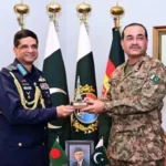 "Bangladesh Air Chief Marshal Hasan Mahmood Khan meeting with Pakistan's military leadership at General Headquarters in Rawalpindi during high-level defense cooperation talks focusing on JF-17 fighter jet procurement and expanded military collaboration"