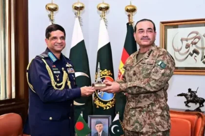 "Bangladesh Air Chief Marshal Hasan Mahmood Khan meeting with Pakistan's military leadership at General Headquarters in Rawalpindi during high-level defense cooperation talks focusing on JF-17 fighter jet procurement and expanded military collaboration"