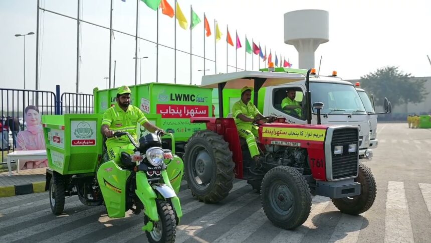 Waste management infrastructure in Punjab, Pakistan showing modern collection vehicles, geo-tagged waste enclosures, and technology-enabled sanitation systems as part of the Suthra Punjab clean cities initiative.